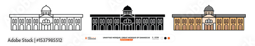 Umayyad Mosque, Great Mosque of Damascus, Line Icon. Damascus, Syria, Landmark, Silhouette, Color Vector, Editable Stroke.