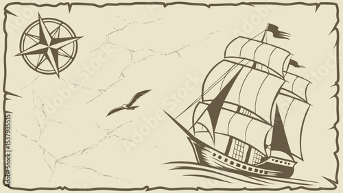Vintage map with sailing ship compass and bird evoking nautical adventure and exploration theme of voyage