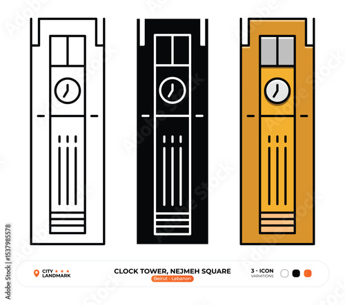Clock Tower, Nejmeh Square, Line Icon. Beirut, Lebanon, Landmark, Silhouette, Color Vector, Editable Stroke.