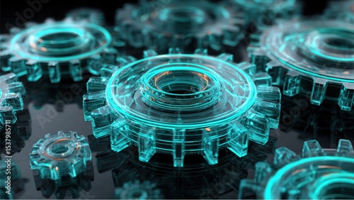 Gears and sprockets with bright, glowing, futuristic, neon cyan lights show mechanical processes