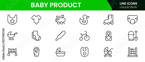 Adorable vector web line icons depicting baby products, diapers, bottles, strollers, and nurturing essentials for infant care and comfort.