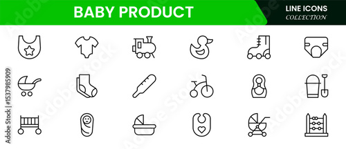 Adorable vector web line icons depicting baby products, diapers, bottles, strollers, and nurturing essentials for infant care and comfort.