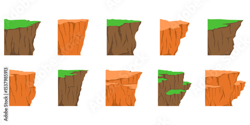 Natural cliff landscape illustration. Mountains, rocks, cliffs, stones for colorful panoramic scenery. Vector isolated.