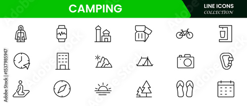 Adventurous vector web line icons depicting camping, tents, campfires, hiking gear, and outdoor exploration for nature enthusiasts. photo