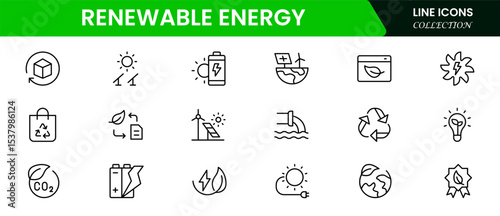 Eco-friendly vector web line icons depicting renewable energy, solar panels, wind turbines, sustainability, and green power solutions.