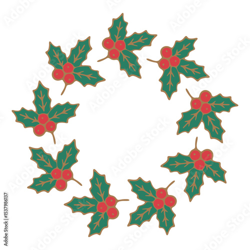 Christmas holly wreath with green leaves and red berries, festive round decoration, flat vector illustration, white background, holiday ornament. Vector illustration