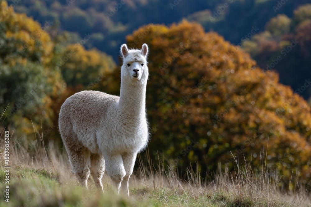 Fototapeta premium Majestic alpaca grazing in autumnal landscape with colorful trees and rolling hills
