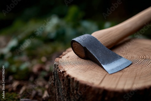 Close-up of axe on tree stump in forest with blurred background