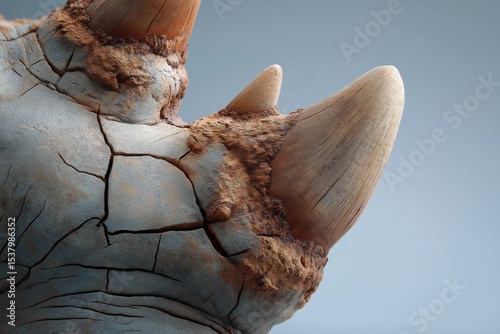 Close-up of rhinoceros horns and textured skin against blue sky background