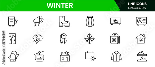 Chilly vector web line icons depicting winter, snowflakes, ice, scarves, and cozy seasonal elements for frosty adventures and warmth.