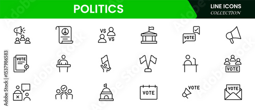 Bold vector web line icons depicting politics, elections, governance, campaigns, and civic engagement for democratic processes and leadership.