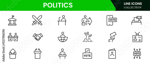 Bold vector web line icons depicting politics, elections, governance, campaigns, and civic engagement for democratic processes and leadership.