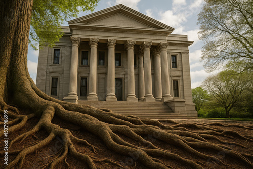 Ancient tree roots sprawling in front of classical stone building with columns under cloudy sky