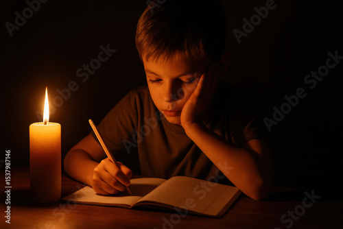Boy writing notebook by candlelight, focused and calm in dark room