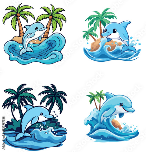 Vsai cute dolphins jumping in tropical ocean waves