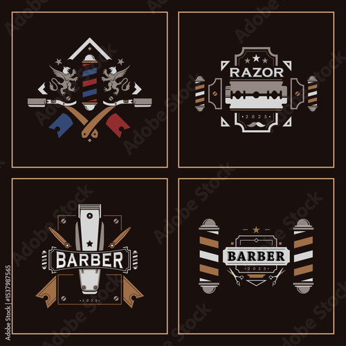 Barber shop emblem set in a modern-retro style with iconic grooming tools and decorative design. A perfect choice for exclusive men’s grooming brands or premium barbershop logos