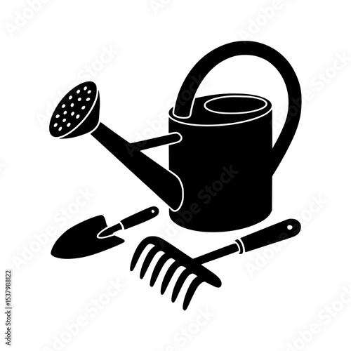 Gardening tools including watering can, trowel, and rake in silhouette