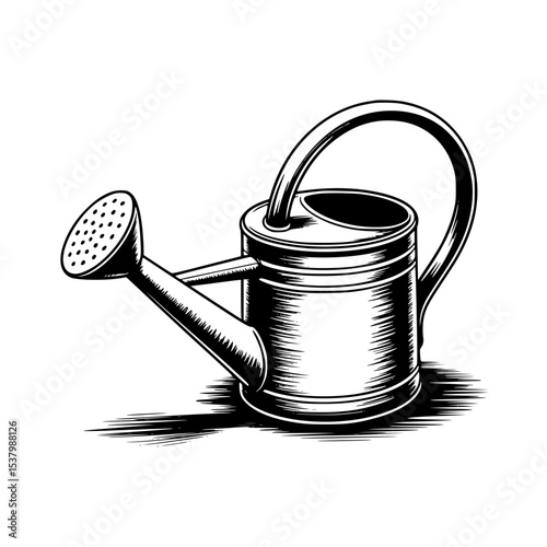Vintage illustration of a classic watering can with detailed shading and texture