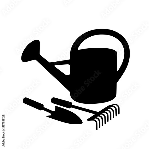 Gardening tools including watering can, trowel, and rake in silhouette