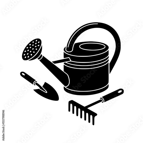 Gardening tools including watering can, trowel, and rake in silhouette
