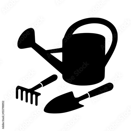 Gardening tools including watering can, trowel, and rake in silhouette