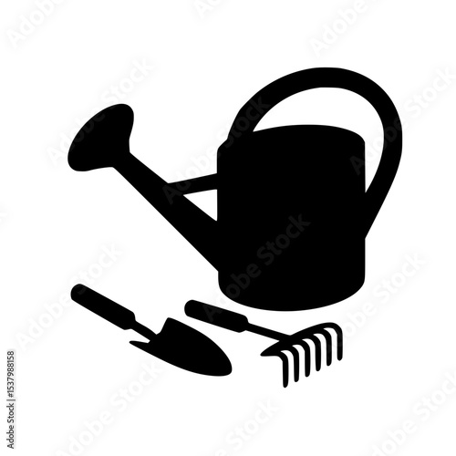 Gardening tools including watering can, trowel, and rake in silhouette