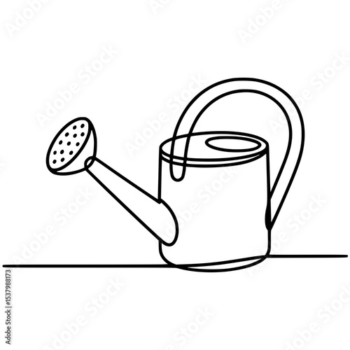 Continuous line art drawing of a watering can with handle and spout for gardening and irrigation