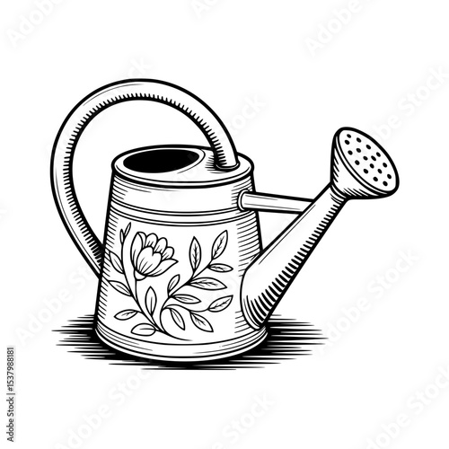 Vintage watering can with floral illustration