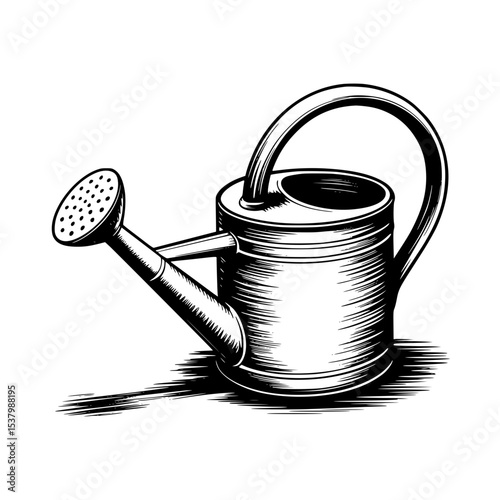 Vintage illustration of a classic watering can with detailed shading and texture