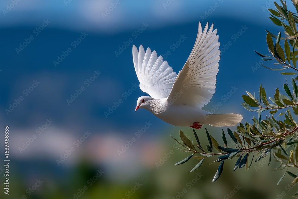 Obraz premium Graceful dove in mid-flight over scenic landscape with olive branch