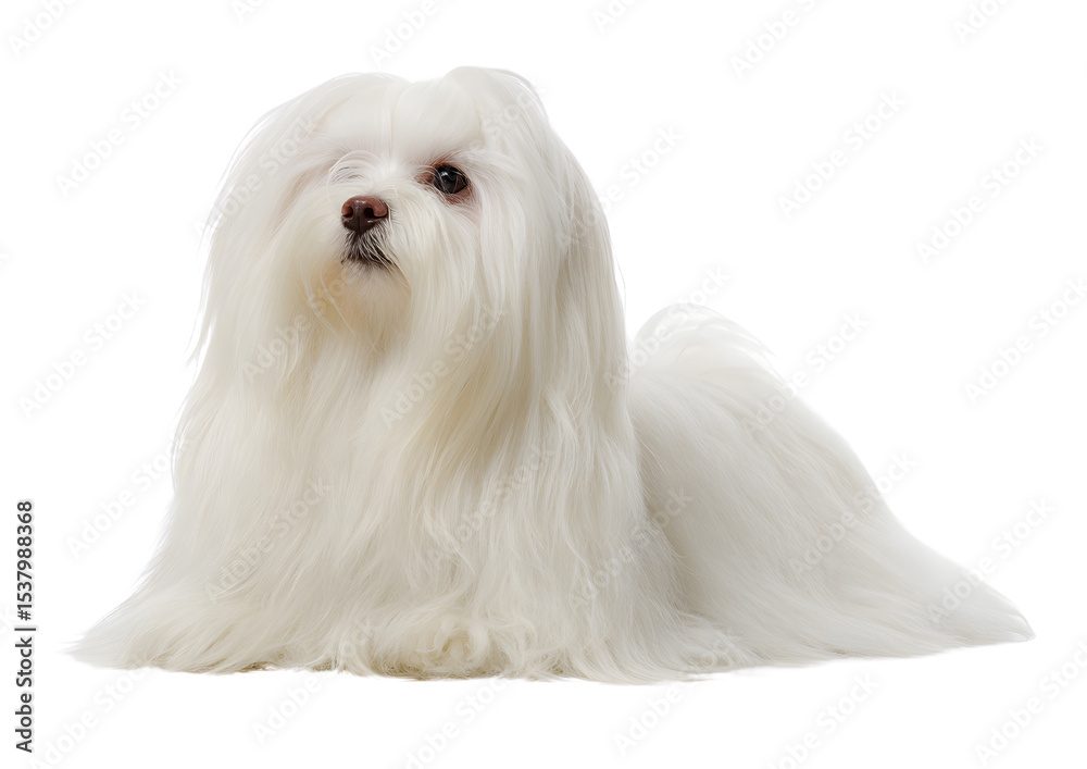 Elegant Maltese dog PNG transparent isolated image emphasizing its friendly demeanor and stunning white coat. Elegant Maltese dog PNG transparent isolated image emphasizing its friendly demeanor and stunning white coat.