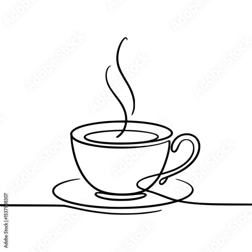Continuous line art illustration of a steaming cup of coffee on a saucer