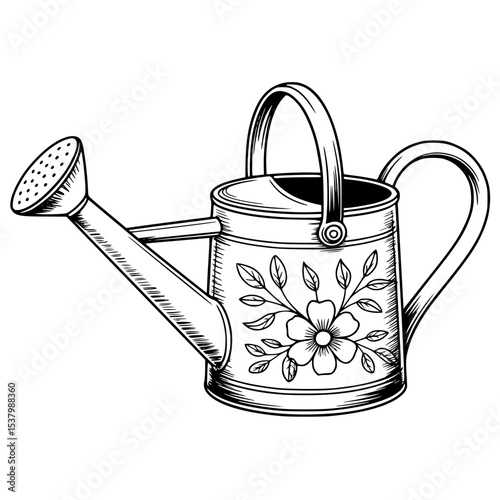 Vintage watering can with floral illustration