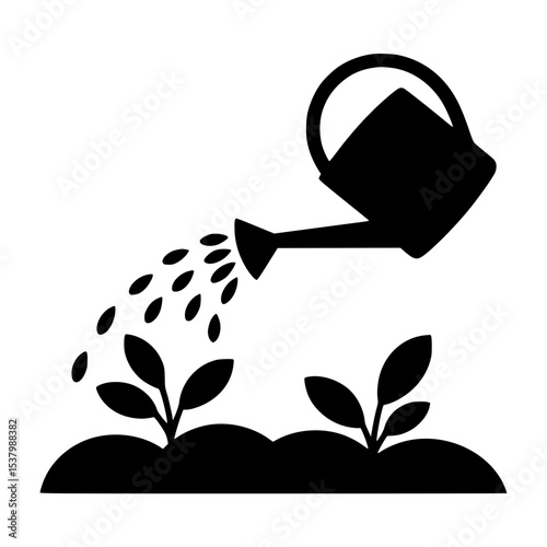 Silhouette of a watering can pouring water onto plants