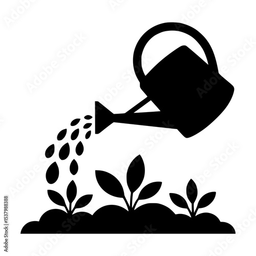 Silhouette of a watering can pouring water onto plants
