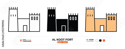 Al Koot Fort Line Icon. Doha, Qatar, Landmark, Silhouette, Color Vector, Editable Stroke.