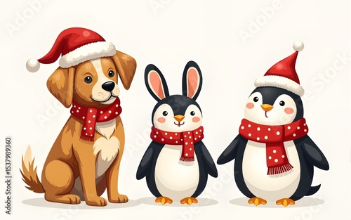 Adorable Christmas Pets Dog, Rabbit, Penguin Festive Illustration. High quality