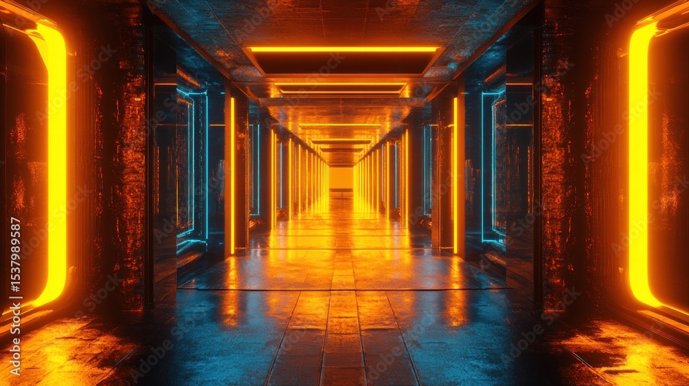 Fototapeta premium Neon-lit corridor in a futuristic, subterranean space.