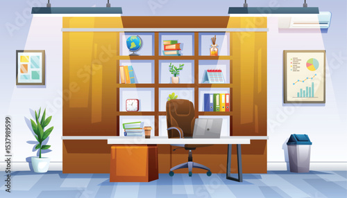 Professional office interior with a desk, laptop, ergonomic chair, and a large bookshelf, ideal for business. Vector cartoon illustration