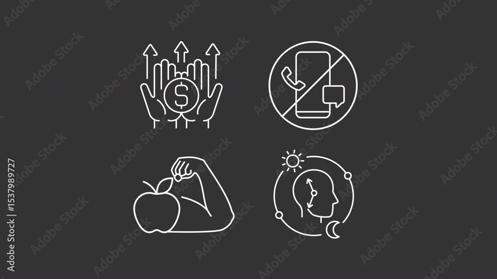 Lifestyle trends animation set. Wealth, digital detox and healthy lifestyle animated white line icons. Activities providing wellbeing. Isolated elements on dark background. Alpha channel HD video