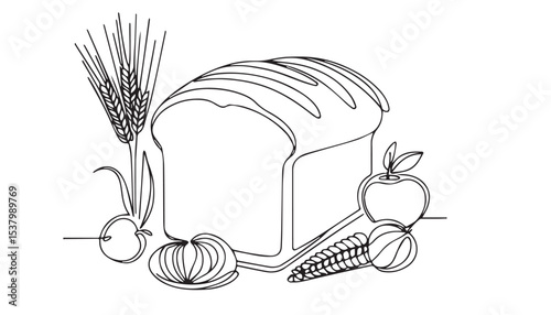 Continuous one single minimal line drawing bread