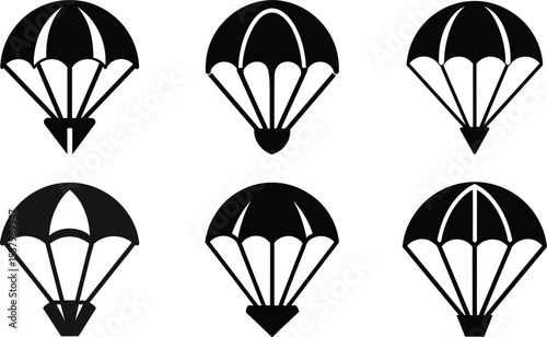 This seamless vector illustration set features colorful hot air balloons, parachutes, and umbrella icons flying through an autumn sky