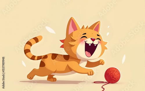 Playful cartoon cat chasing yarn ball with joy. High quality