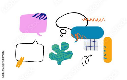 A various colorful speech bubbles, abstract shapes, scribble and different shapes. A dynamic communicative composition, a symbol of interaction.