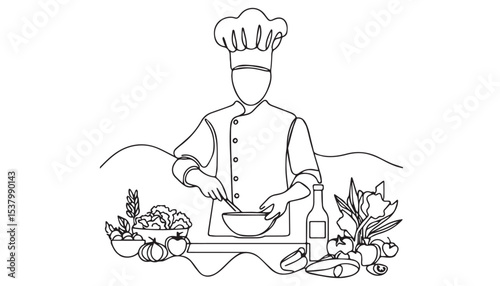 Continuous one single minimal line drawing chef