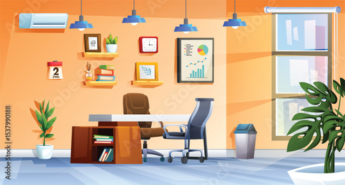 Bright and inviting office interior with a desk, chairs, and various decorative elements on the walls. Vector cartoon illustration