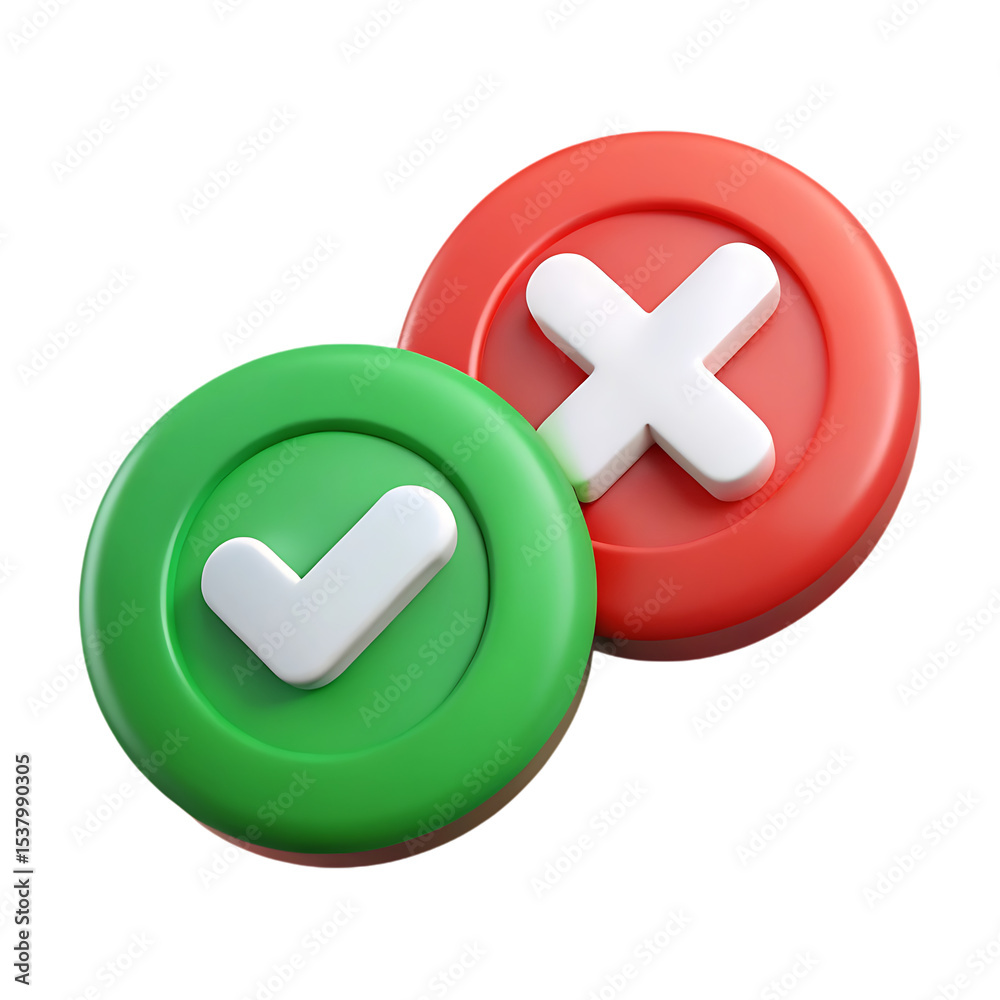 Fototapeta premium 3d rendered check mark and cross icons representing approve and deny choices on black background