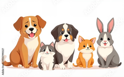 Adorable Cartoon Pets Cats, Dogs, and Bunnies Illustration. High quality
