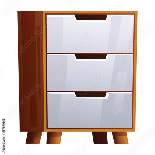 Wooden side table with three white drawers, a modern and compact piece of furniture for home interior. Vector cartoon illustration