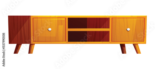 Wooden TV cabinet with two compartments on each side and open shelves in the middle. Vector cartoon illustration